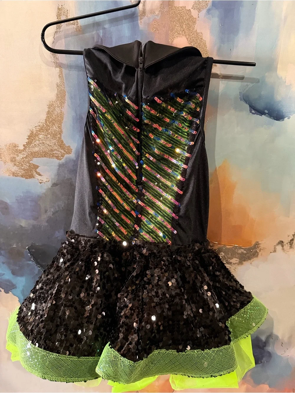 Weissman Black and Neon Green Sequin Dance Costume Dress - Size: Medium Child
